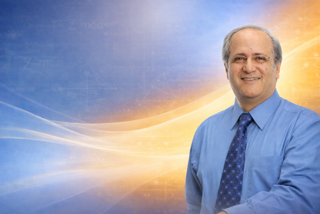 Professional homepage banner featuring Dr. Tavakoli in a blue shirt and tie against a warm blue-to-gold abstract background with subtle mathematical graphics, leaving open space for headline and course information