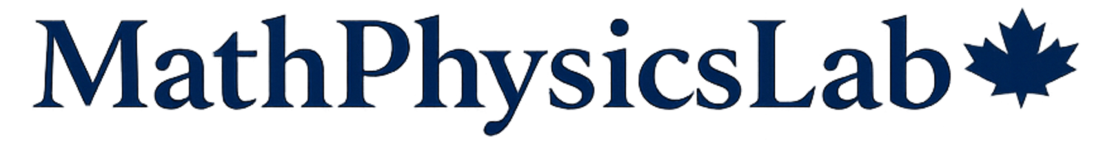 MathPhysicsLab logo in white serif lettering on a black background, with a small maple leaf symbol placed inline after the word “Lab,” conveying a premium, academic, Canada-based identity.